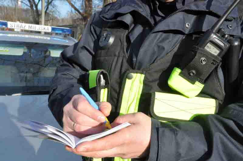 Zdjęcie ilustracyjne: strażnik miejski wypełniający notatnik służbowy. W tle radiowóz straży miejskiej.