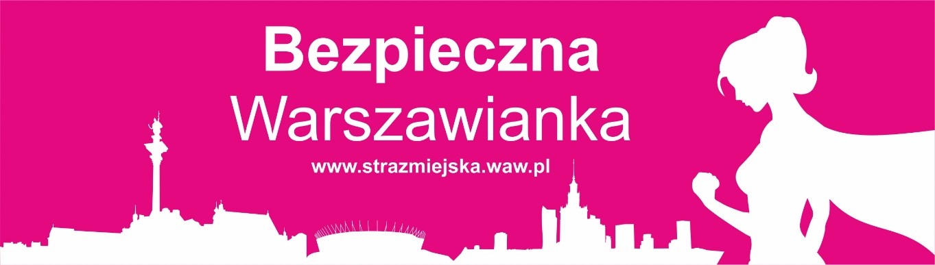 Ciemnoróżowy baner akcji "Bezpieczna Warszawianka": na dole białe kontury warszawskich budynków, po prawej stronie sylwetka kobiety z superbohaterską peleryną.