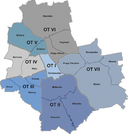 Infografika: mapa Warszawy z podziałem na Oddziały Terenowe Straży Miejskiej