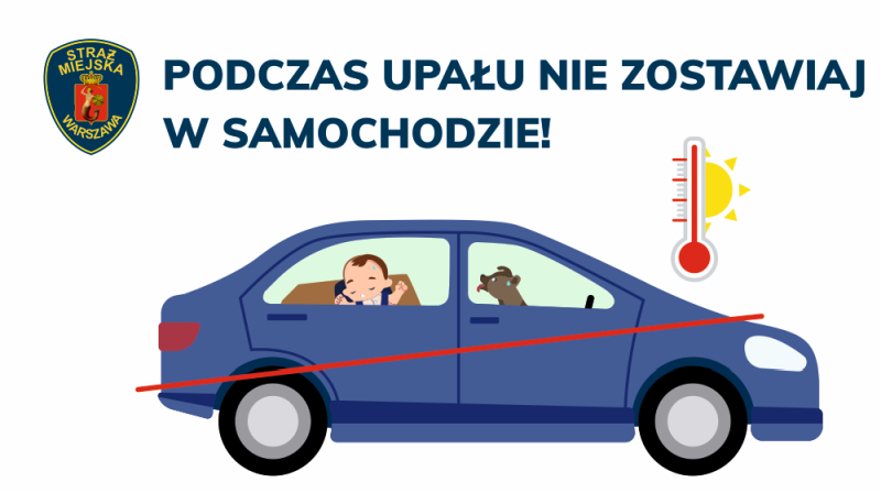 Infografika przedstawiająca rozgrzany samochód z dzieckiem i psem w środku, obok słupek termometru. Na górze napisa "Podczas upału nie zostawiaj w samochodzie!"